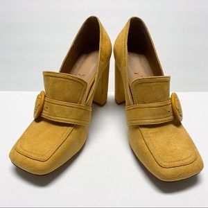 YDN Square Toe High Chunky Heel Suede Slip On Shoe